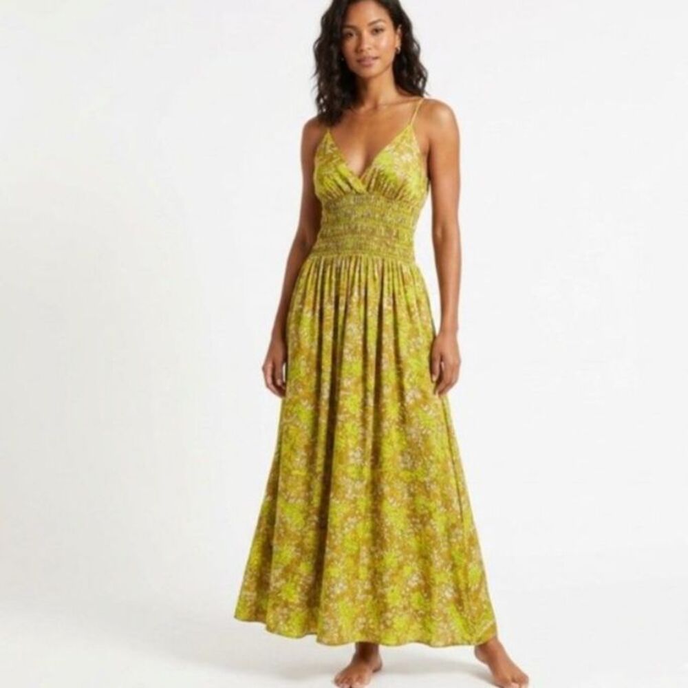 Caravan Women's Lime Tan Floral Silk V-Neck Sleeveless Strappy Maxi Dress O/S